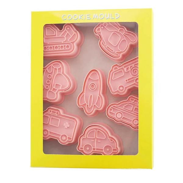 かわいい　乗り物のクッキーカッター　8ピースセットパトカー 飛行機 救急車 消防車 ロケット ショベルカー 可愛い型がいっぱいです！プラスチック製で、簡単に型抜きが出来ます。小さなお子様や、キャラクター好きの方に喜んでいただけると思います！...