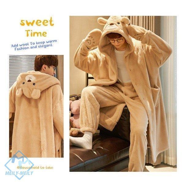 人気カラーの ナイトガウン パジャマ もこもこ ルームウェア 帽子 動物 耳付き ナイトガウン パジャマ もこもこ ルームウェア 耳付き 可愛い メンズ 裏起毛 寝巻き パジャマ 長袖 冬 前開き 上下セット 帽子付き 動物 下着 靴下 部屋着