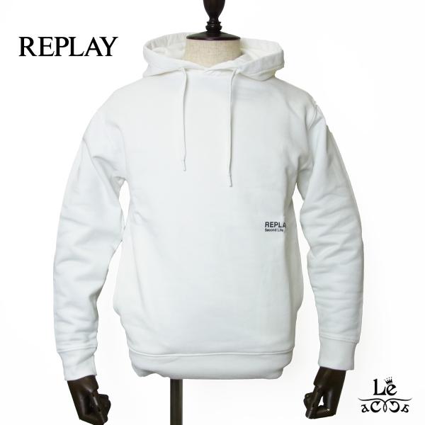【50】REPLAY リプレイ プルオーバー パーカー メンズ フーディ オーガニックコットン 裏起毛 ロゴ ホワイト 白 イタリア ブランド 国内正規品 【送料無料】