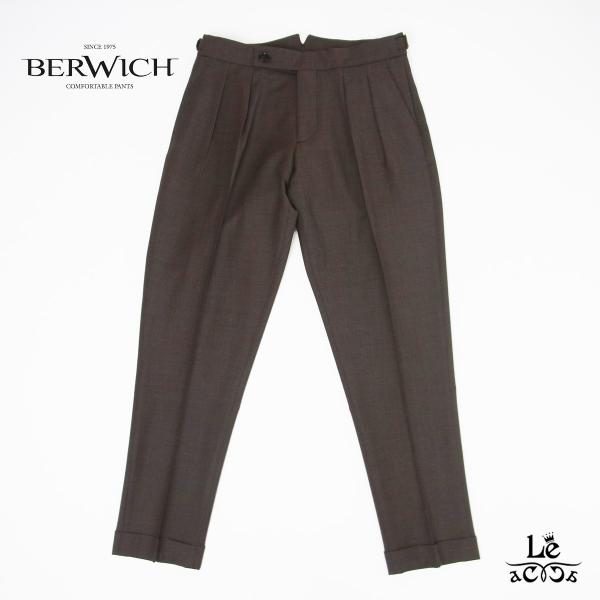 BERWICH ベルウィッチ SCOTCH スコッチ ツープリーツ アジャスター付き パンツ ストレッチウール ポリエステル ブラウン 茶 無地 イタリア 正規品 送料無料
