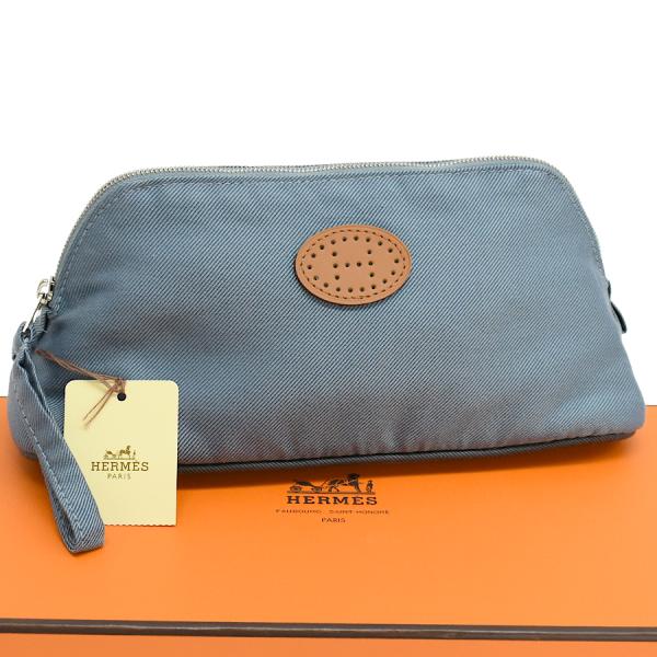 未使用品 エルメス ボリード ヴィス ヴェルザ PM パンチング ロゴ ポーチ シルク コットン ライトブルー HERMES