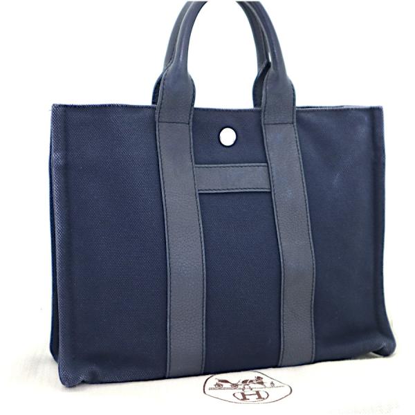 サックアーネPM キャンバス×レザー ユニセックス ネイビー HERME HERMES（エルメス） ハンドバッグ サックアーネPM キャンバス×レザー