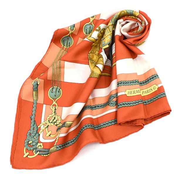 エルメス カレ90 大判スカーフ CHATEAUX D'ARRIERE 艫飾り シルク オレンジ マルチカラー HERMES