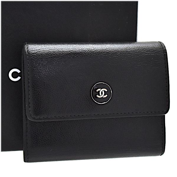 シャネル コンパクト財布 ミニウォレト ココボタン A84059 レザー レディース ブラック CHANEL