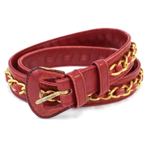 CHANEL（シャネル） チェーン ベルト レザー レッド ゴールド金具 #70