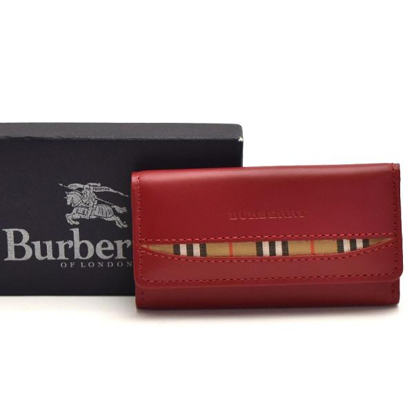 新品同様 バーバリー 3連キーケース レディース レザー レッド×ノバチェック BURBERRY