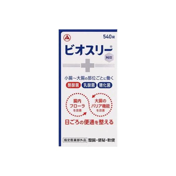 ビオスリーは腸内フローラと大腸のバリア機能を改善することで、日ごろの便通を整えます。乳酸菌だけでなく、酪酸菌、糖化菌を加えた3種の活性菌を配合しています。便秘や軟便にも、日ごろのおなかのケアにも使えます。のみやすい、やや甘みのある小粒の錠剤です。