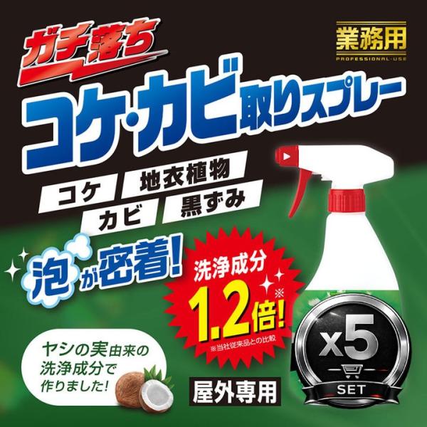 業務用ガチ落ちコケ・カビ取りスプレー 5個セット 外壁洗浄 ベランダ掃除 タイル洗浄 カビ予防 コケ予防 自然由来 日本製 屋外用洗剤 ヤシの実洗浄成分 自然由来