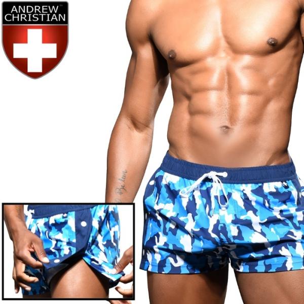 Andrew Christian ボクサー アンドリュークリスチャン メンズ男性水着 海パン ボクサー ショート丈 トランクス スイムショーツ Blue Camo Snap