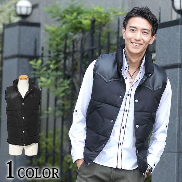 ベスト メンズ 中綿 おしゃれ PUレザー切替えウエスタンデザイン