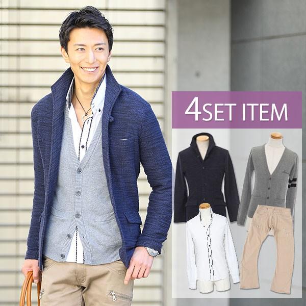 紺 黒ジャケット グレーカーディガン 白シャツ ベージュパンツ4点コーデセット 179 100 3tenset 179 Menz Style 通販 Yahoo ショッピング
