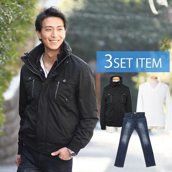 アウター メンズ ジャケット 黒ジャケット 白tシャツ 紺デニムパンツの3点コーデセット 1 100 3tenset 1 Menz Style 通販 Yahoo ショッピング