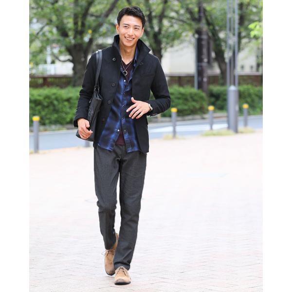 ジャケットセット 黒ジャケット×杢ワインTシャツ×黒パンツの3点コーデ