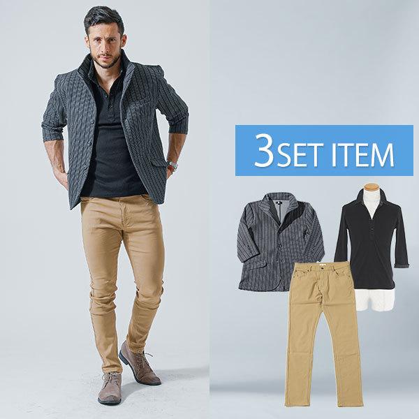 ジャケット メンズ 7分袖 ポロシャツ チノパン コーディネートセット