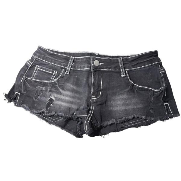 ホットパンツ ストレッチデニム ローライズ BLACK×WHITEステッチ ダメージ加工&サイドスリット hp1028