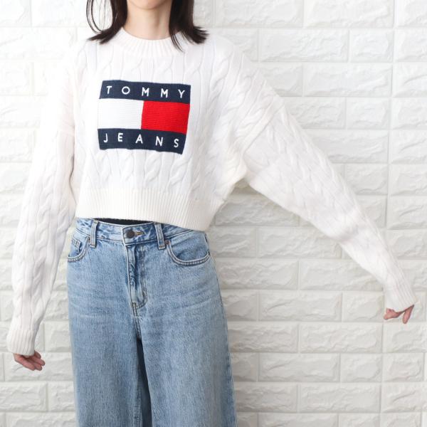 トミージーンズ ロゴ コットン リブセーター レディース ブラック  JEANS DW0DW15060 TOMMY HILFIGER トミージーンズ ロゴ コットン リブセーター
