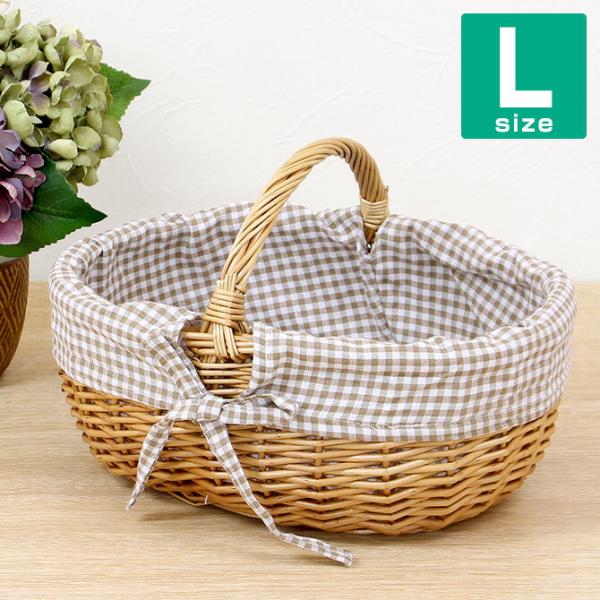 商品番号：700l  【外寸サイズ(約)】W:32cm×D:25cm×H:14cm  ころんとした丸みがかわいいピクニックバスケットです。 キッチンでのちょっとしたお菓子入れや、編み物の毛糸入れ、ソーイングセットを入れたり、 コスメをいれた...