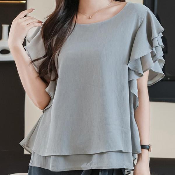 ラウンドネック ラッフルフリル 半袖 フレア プルオーバー 女性 レディース トップス ブラウス Tシャツ シフォン 透け感 シアー 春 夏