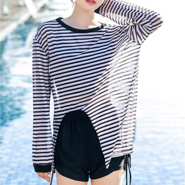 【3点セット】ボーダー シアー トップス付き タンキニ 女性 レディース 水着 ビキニ セットアップ 夏 サマー 海 ビーチ プール メッシ