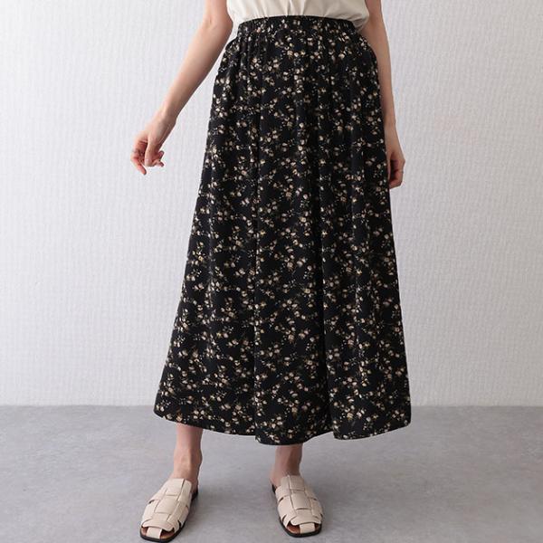 小花柄 ギャザー ロング フレア スカート ボトム レディース 女性 春 夏 秋 ロング丈 フラワー プリント柄 ウエストゴム 楽ちん フェ