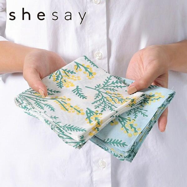 ハンカチ ミモザ フラワー お花 ブルー ホワイト 白 shesay 志成販売
