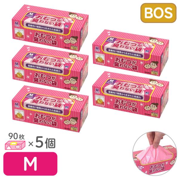 Mサイズ 90枚×5箱【驚異の防臭袋 BOS おむつが臭わない袋 の特長】BOS（ボス）は驚異的な防臭力を持った、安心・便利な高機能素材の臭わない袋です。人が最も敏感に感じる、うんちの臭い。BOSはうんちを入れて、しばらく放置後に鼻を近づけ...