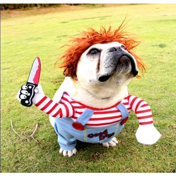 ハロウィンと言えばチャッキーのコスプレ！可愛いわんこたちが、怖いチャッキーに変身！【サイズ】・XS:首回19cm　胴回27-50cm・S:首回27cm　胴回32-57cm・M:首回33cm　胴回58-68cm・L:首回43cm　胴回68-8...