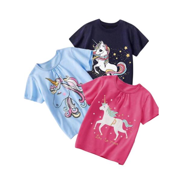女の子用半袖コットンTシャツ。かわいいユニコーン柄。サイズ：90、100 