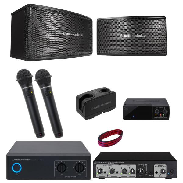 audio-technicaの業務用カラオケスピーカー・アンプ・ミキサーセット業務用スペックの赤外線ワイヤレスマイク2本付き【セット内容】audio-technicaスピーカー×2/audio-technica デジタルパワーアンプ×1/ス...