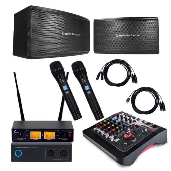 音質重視の多機能ミキサーセット設置が容易に行える800MHzアナログワイヤレスマイク【セット内容】audio-technicaスピーカー×2/audio-technica デジタルパワーアンプ×1/スピーカーケーブル10m×2/Allen ...