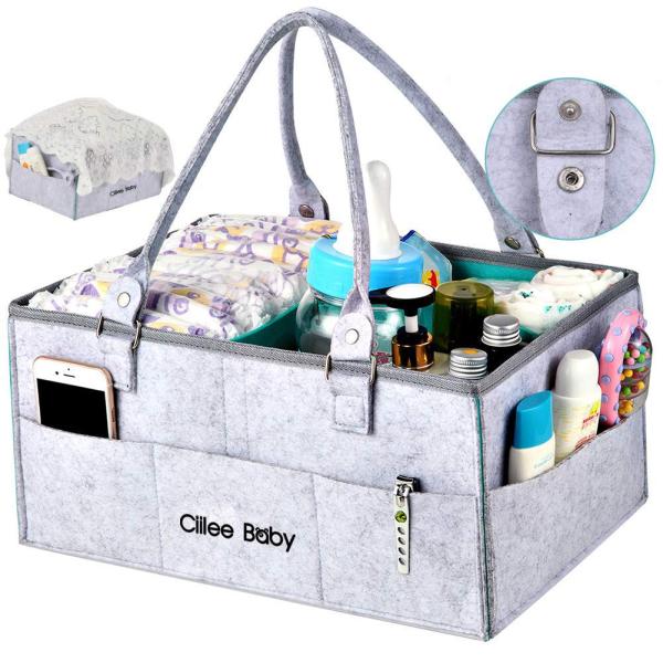 Ciilee Baby おむつストッカー オムツバッグ 大容量 取り外せハンドル オムツケース 折りたたみ ベビー 収納ボックス カゴ 車載旅行用バック 収納カコ 小物入れ 軽便 ベビー用品 育児用品入れ (仕切り3つ(灰))【上がったクオ...