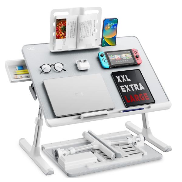 他サイト： Color:グレー SAIJI 折りたたみミニテーブル「安定性強化版」ローテーブル ベッド用 軽量 大容量天板 角度・高さ調整可能 引き出し＆ブックスタンド付き 表面PVCの商品画像