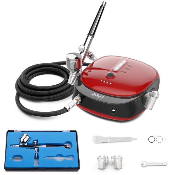 他サイト： Color:レッド Oasser エアブラシ セット ミニコンプレッサー 充電式 1000ｍAh電池やAC電源アダプタ兼用 ダブルアクション 重力式 2-15psi三段階圧力調節 プラモの商品画像