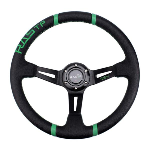 Color:グリーン_Size:1 MUTEKI ステアリング ハンドル 直径350mm 軽量アルミニウム レザー 車用 ステアリング クラシック 交換 ディープコーン レザー刺繍 ホー
