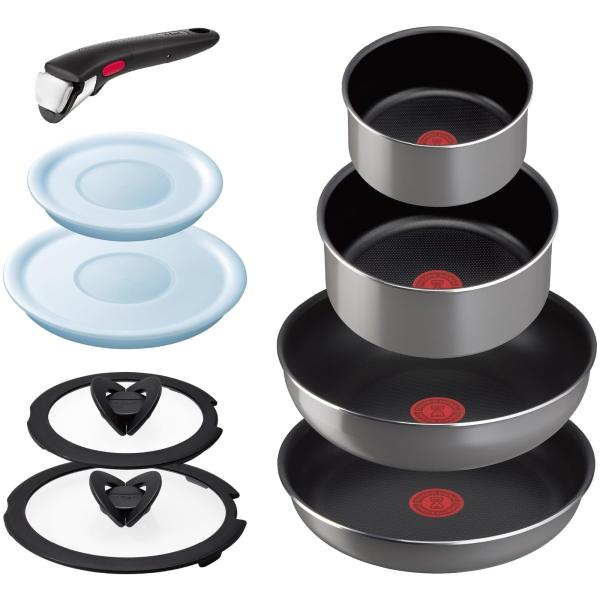 他サイト： Style:01) フレーズグレー 9点セット 【オンライン限定】 ティファール 取っ手のとれる 鍋 フライパンセット 9点セット ガス火専用 PFOAなどの有害物質不使用 「の商品画像