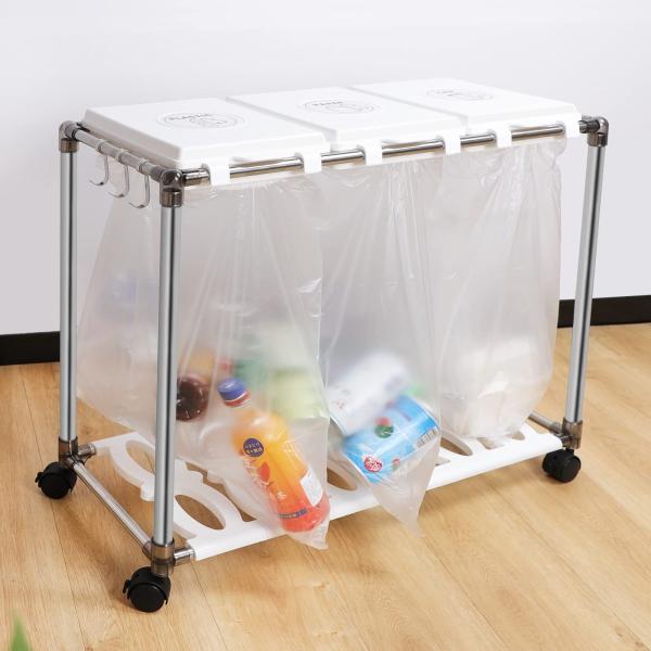 【30L×3分別】ゴミ袋ホルダー 分別 ゴミ箱 キャスター付き 20L〜30L袋可 ごみ箱 ダストワゴン 蓋付き ゴミ袋スタンド スリム 縦開き おしゃれ ダストボックス レジ袋 ポリ袋 エコ ステンレス製 分別シール付【無駄な機能がなく・...