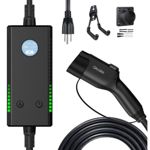 Qkcabo 15A 電気自動車 充電ケーブル 6A/8A/10 A/13 A/15A 100-240V 電流調整可能の家庭用自動車充電ガン SAE J1772急速PHEV/EV充電ケーブル付き 7.5メートル (