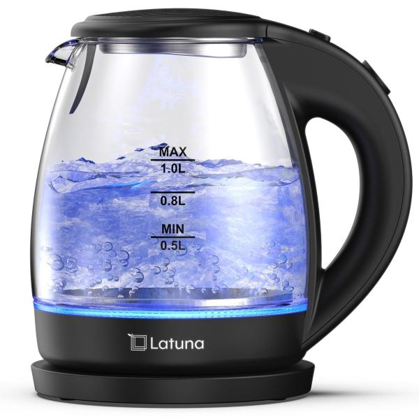 Color:ブラック 電気ケトル ガラス ケトル 湯沸かしケトル LEDライト付 電気 ポット 【コップ1杯95秒】 1.0L [Latuna ラチュナ] コーヒー 湯沸かしポット 小型 おしゃれ 紅茶 お茶 空焚き防止 PSE認証済み (...