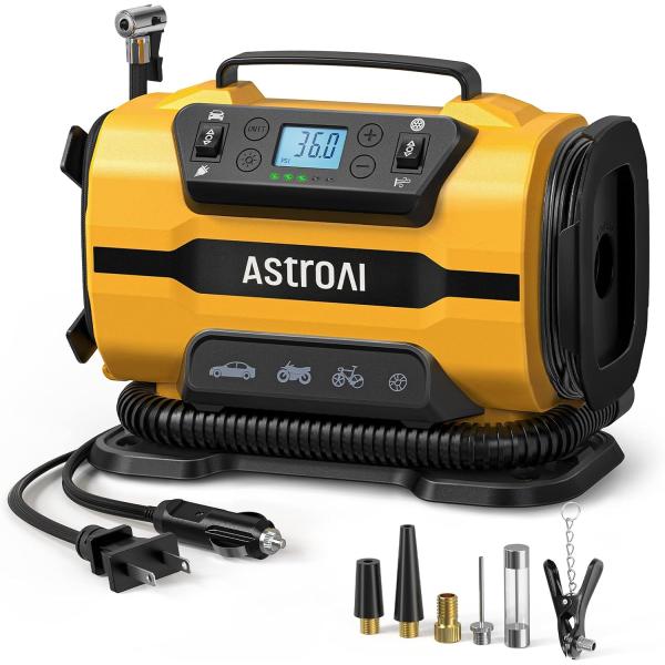 AstroAI エアーコンプレッサー 電動空気入れ 5 in 1 タイヤ・プール 自動車用 AC/DC給電 150 PSI 自動電源オフ メモリ機能 LEDライト五種類変換ノズル