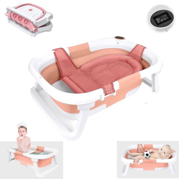 Color:ピンク Little Bean ベビーバス 折りたたみ式 湯温計付き 赤ちゃん 子供用風呂 0〜6歳 バスネット付き 収納容易 省スペース 赤ちゃんに優しいPP素材 滑り止め設計 お風呂 ベビー用浴槽 (ピンク)【 折りたたみタ...