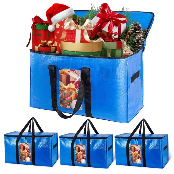 Size:4枚入_Color:ブルー TAILI 大きいバッグ 布団収納袋 引越しバッグ 収納ケース 特大容量 透明窓 持ち手付き 衣装ケース 洋服 羽毛布団 防塵防水 折りたたみ式 カバン 省スペース 引っ越し 背負える キャンプ 旅行 ...