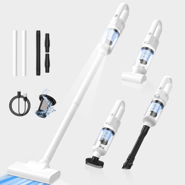 Color:ホワイト SAITOU 掃除機 コードレス 軽量 サイクロン スティッククリーナー 12000pa強力吸引 Type-C充電式 2WAY 4種類吸引 LEDライト付き 左右90°上下70°回転 電気掃除機 静音 お手入れ簡単 一...