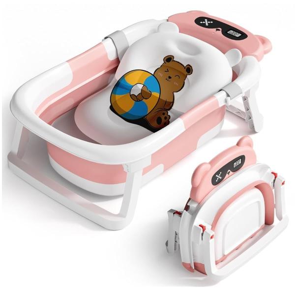 Color:ピンク SHAKE BEARR ベビーバス 折りたたみ式 ベビー用浴槽 湯温計 バスクッション付き 赤ちゃん 新生児 沐浴 ベビー お風呂 0~6歳 バスタブ コンパクト 水抜栓付 赤ちゃん用 出産祝い ギフト (ピンク)【湯温...