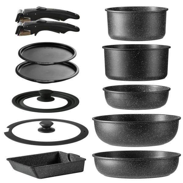 他サイト： Model:ブラック 12点セット CAROTE カローテ フライパン セット 12点 IH・ガス火対応 PFOAなどの有害物質不使用 プロ仕様 5層構造 軽量 取っ手のとれる マーブルの商品画像