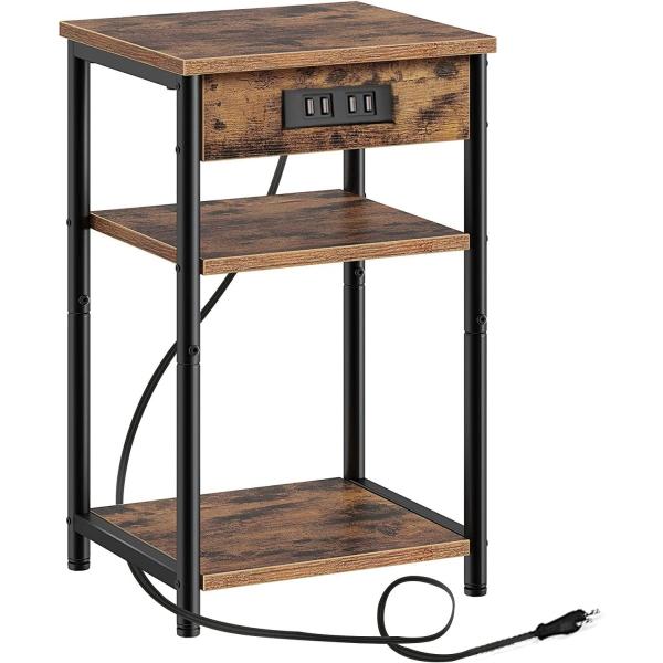 Size:30x40x58CM CJMM ナイトテーブル充電台付きエンドテーブル ナイトスタンド サイドテーブル 電源コンセント付き ソファテーブル 狭い空間 ベッドルームやリビングに ブラウンとブラックおしゃれなデザイン】ブラックのアイア...