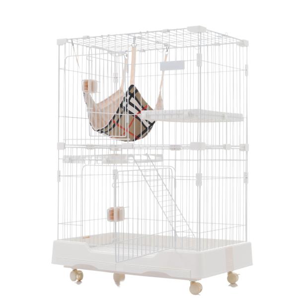 Size:2段_Color:ホワイト OSJ キャットケージ 2段 猫 ケージ 多頭飼い ハンモック付 引出しトレー付 キャスター付 天井扉 ペットケージ キャットハウス 留守番 保護 脱走防止 おしゃれ【エポキシ樹脂塗料で耐久性抜群】耐食...