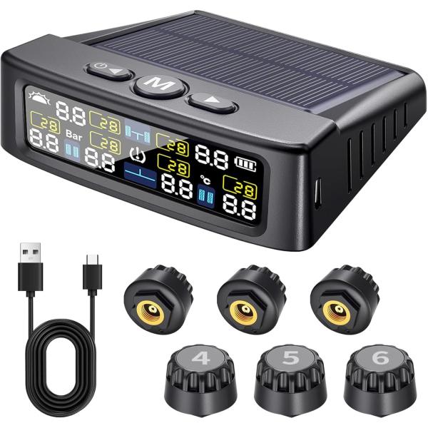 Stynxro タイヤ空気圧モニター TPMS 空気圧センサー 太陽エネルギー/USBダブル充電 振動感知 即時空気圧監視 6つのアラームモード 6つ空気圧センサー 車 IP67防