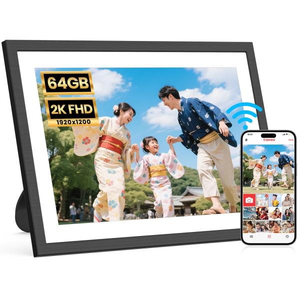 Color:黒＆白 FANGOR デジタルフォトフレーム 64GBメモリ内蔵 2K FHD1920×1200 Wi-Fi IPSタッチスクリーン 10.1インチ SDカード拡張可 写真/動画再生 スライドショー リアクション機能 自動回転 ...