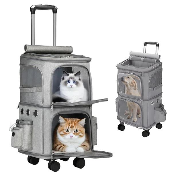 ペットキャリーバック 2匹 猫 多頭飼い ペットキャリー 2段式 キャリー ペットカート 4輪 多頭 猫リュック キャリーカート 折りたたみ可 拡張性 通気性 安定性 耐荷重は12KG 猫犬中型2匹用ペットカート 通気口ポータブルケージ 3...