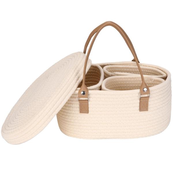 Size:M_Color:蓋付 ベージュ Hinwo おむつ収納バッグ おむつストッカー オムツ入れ ベビー用品収納 蓋付 収納ケース カゴ バッグ ボクス ロープバスケット ロープストレージ 収納 小物入れ 赤ちゃん 出産準備 出産祝い（...